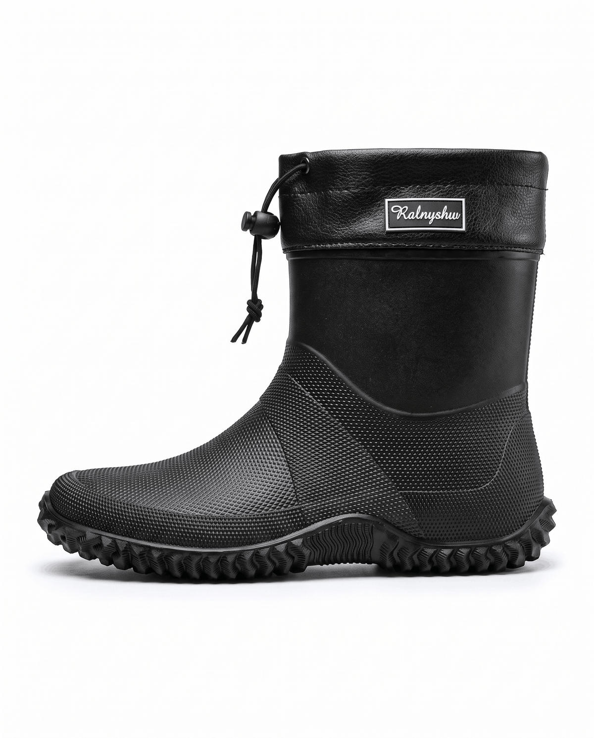 Black rubber boot with textured shaft, black drawstring collar and wide lug sole