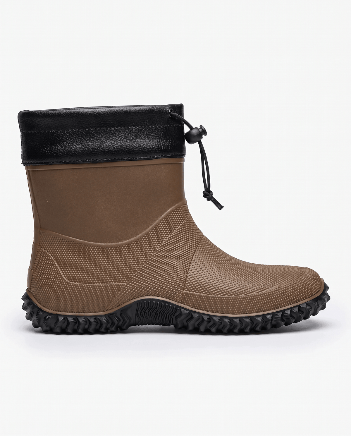Side view of a single brown rubber boot with black collar and lug sole