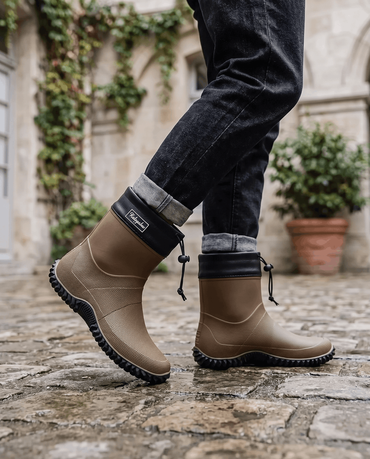 Legs in dark jeans walking in brown rubber boots on a stone pavement