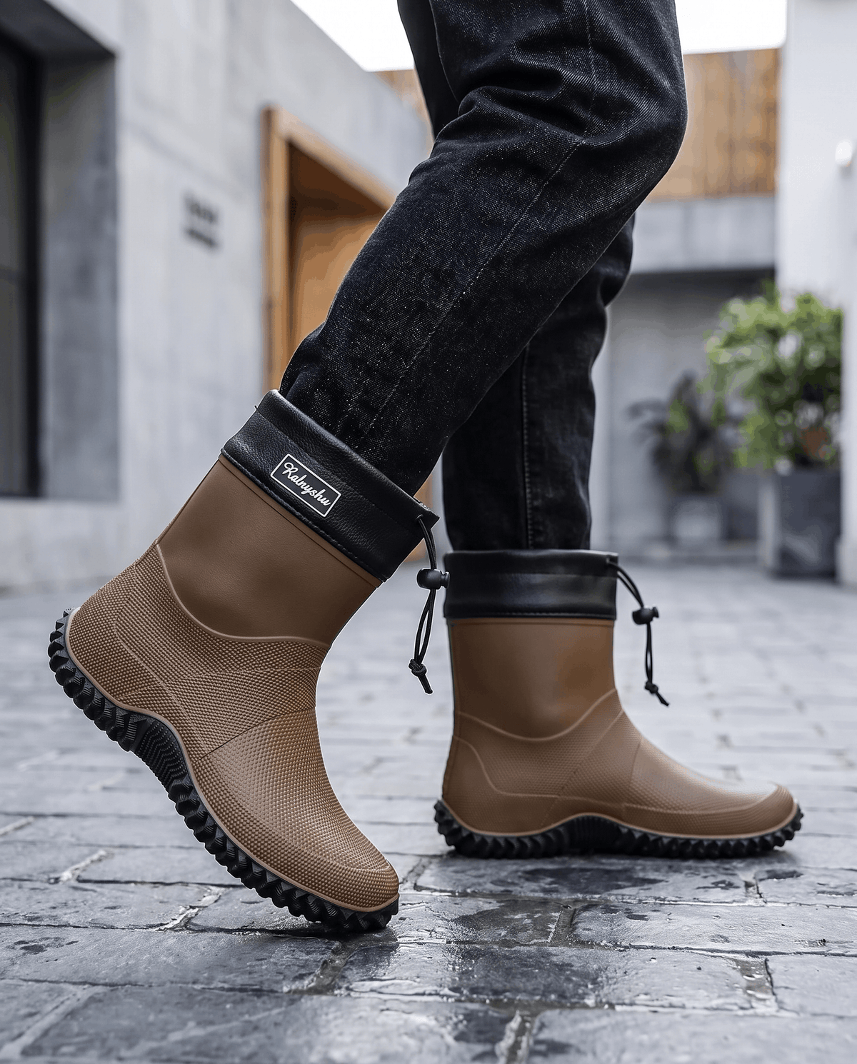 Legs in dark jeans mid-stride in brown rubber boots outside a building