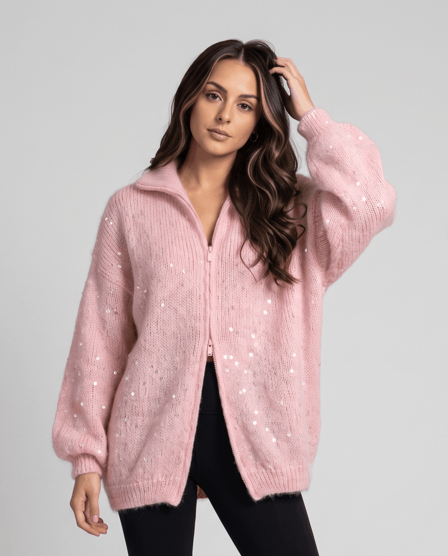 Sequin Zip-Up Cardigan Sweater – Balloon Sleeve, Fuzzy Knit & Oversized Fit | Liesel