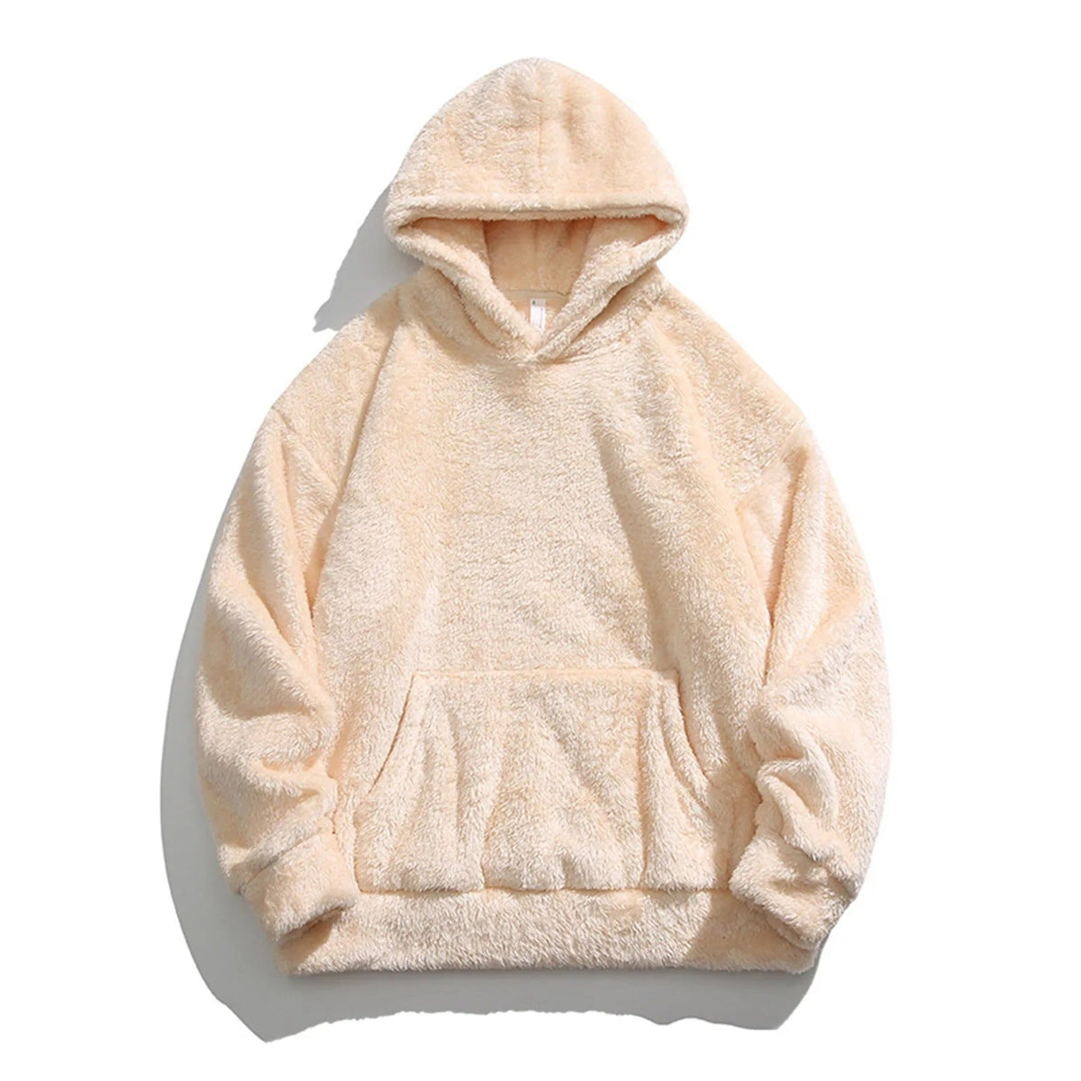 Flat-lay of the beige sherpa hoodie with hood and kangaroo pocket