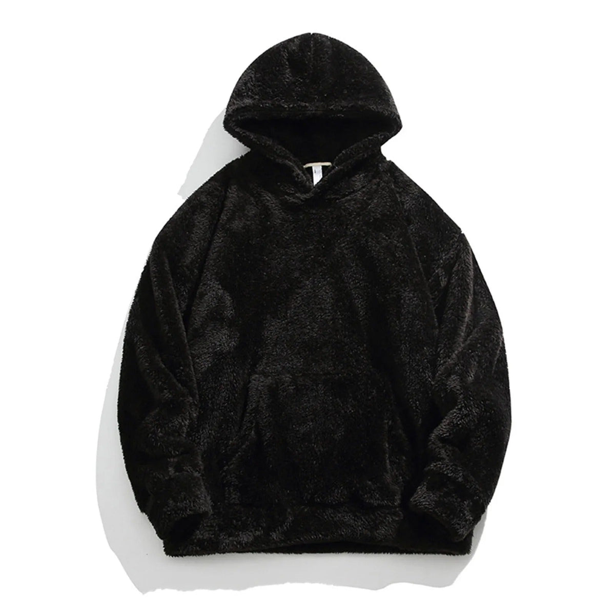 Flat-lay of the black sherpa fleece hoodie on a white background