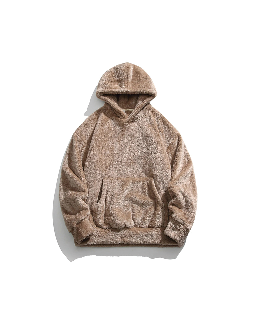 Flat-lay of the brown teddy fleece hoodie with hood and front pocket