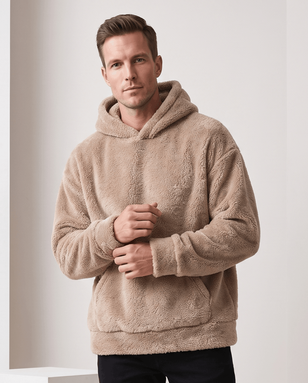 Men's sherpa fleece pullover hoodie in brown with hands clasped at the waist