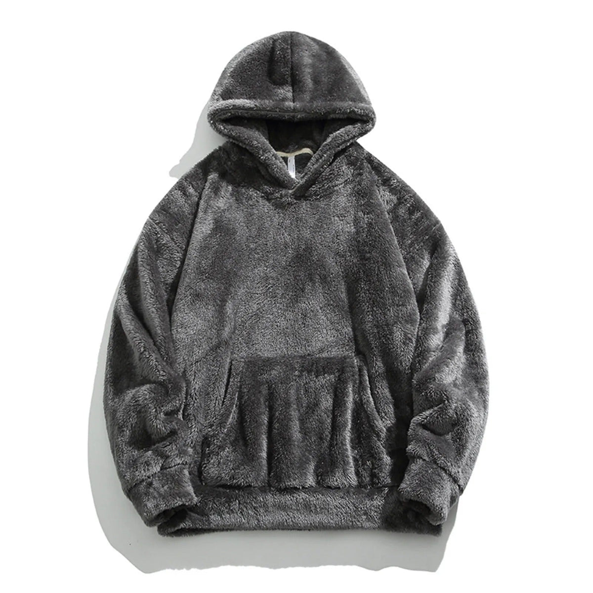 Flat-lay of the gray sherpa hoodie showing the hood and kangaroo pocket