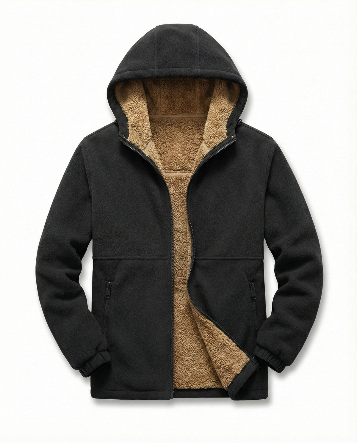 Flat-lay of the open black hoodie showing the sherpa lining and pockets