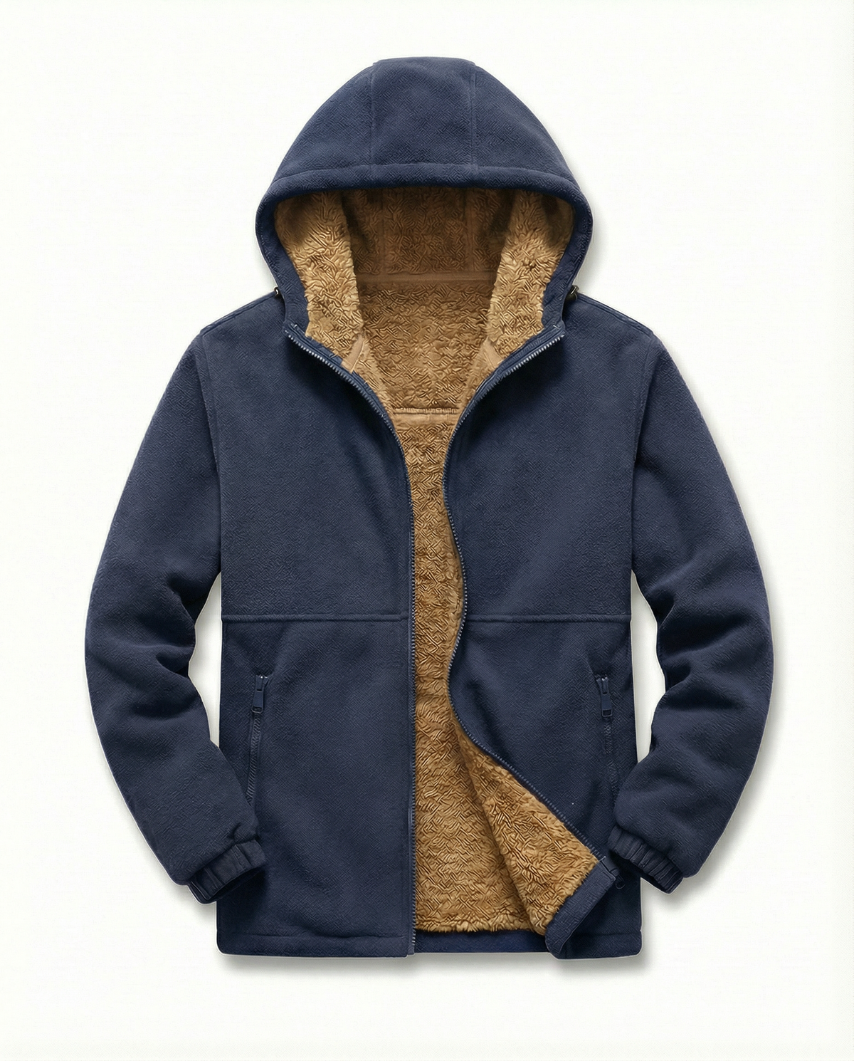 Flat-lay of the open navy hoodie showing the full sherpa lining
