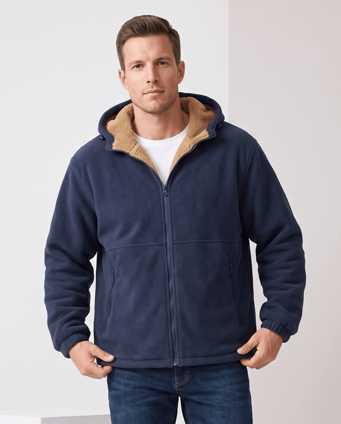 Navy hoodie zipped open over a white tee with dark jeans