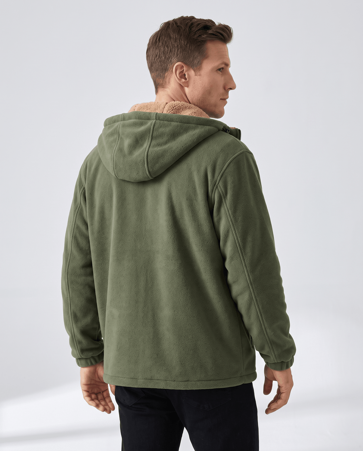 Back view of the army green hoodie showing the hood and ribbed hem