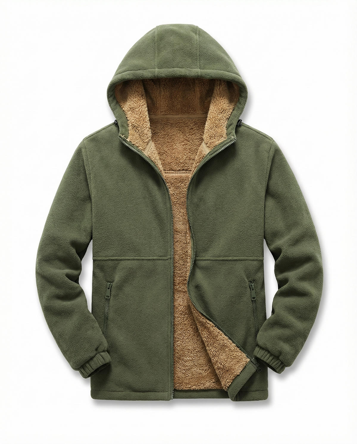 Flat-lay of the open green hoodie showing the full sherpa lining and slash pockets