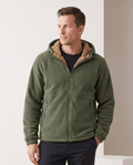 Men's sherpa-lined fleece zip-up hoodie in green over a dark tee