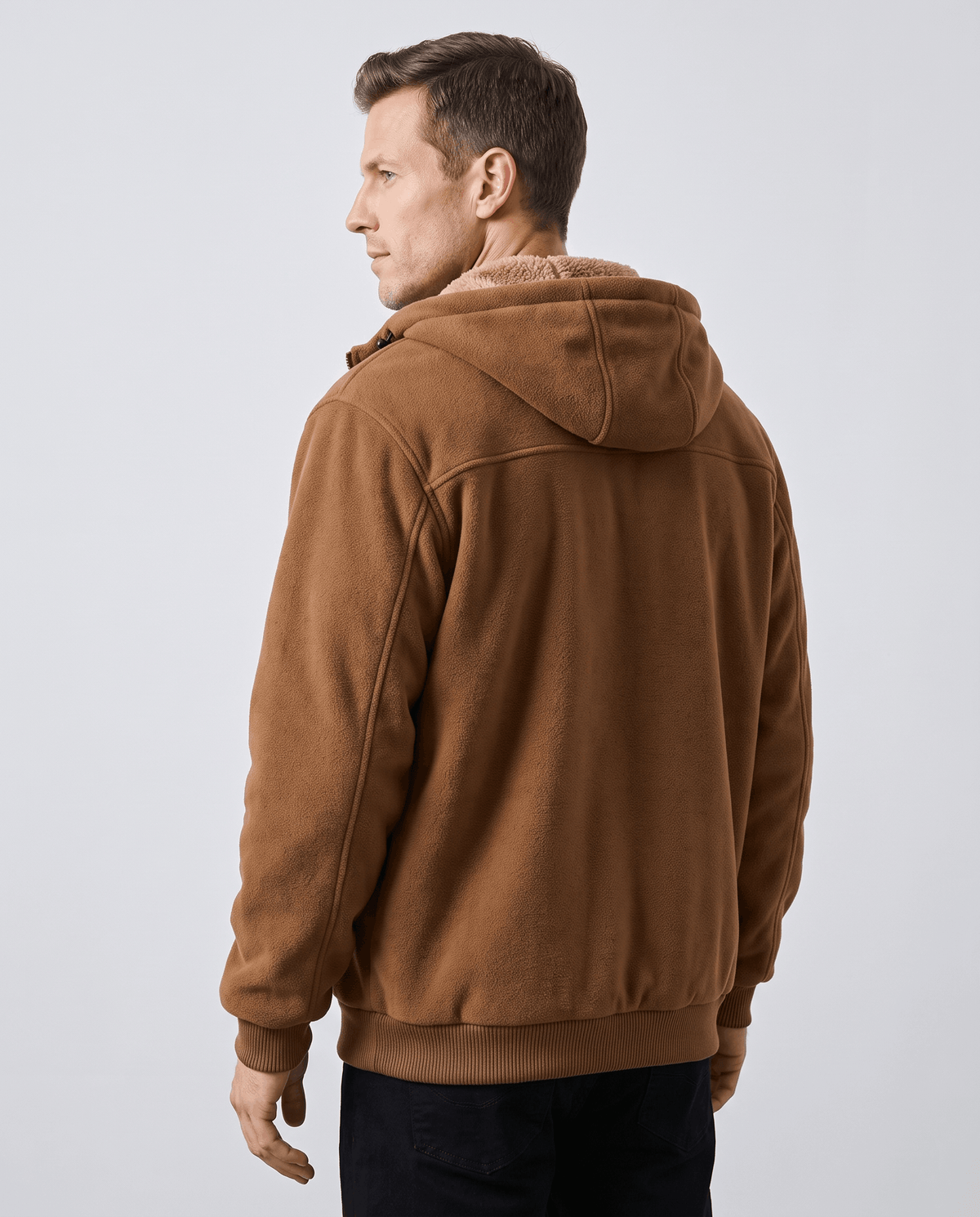 Back view of the khaki zip-up hoodie with ribbed cuffs and hem
