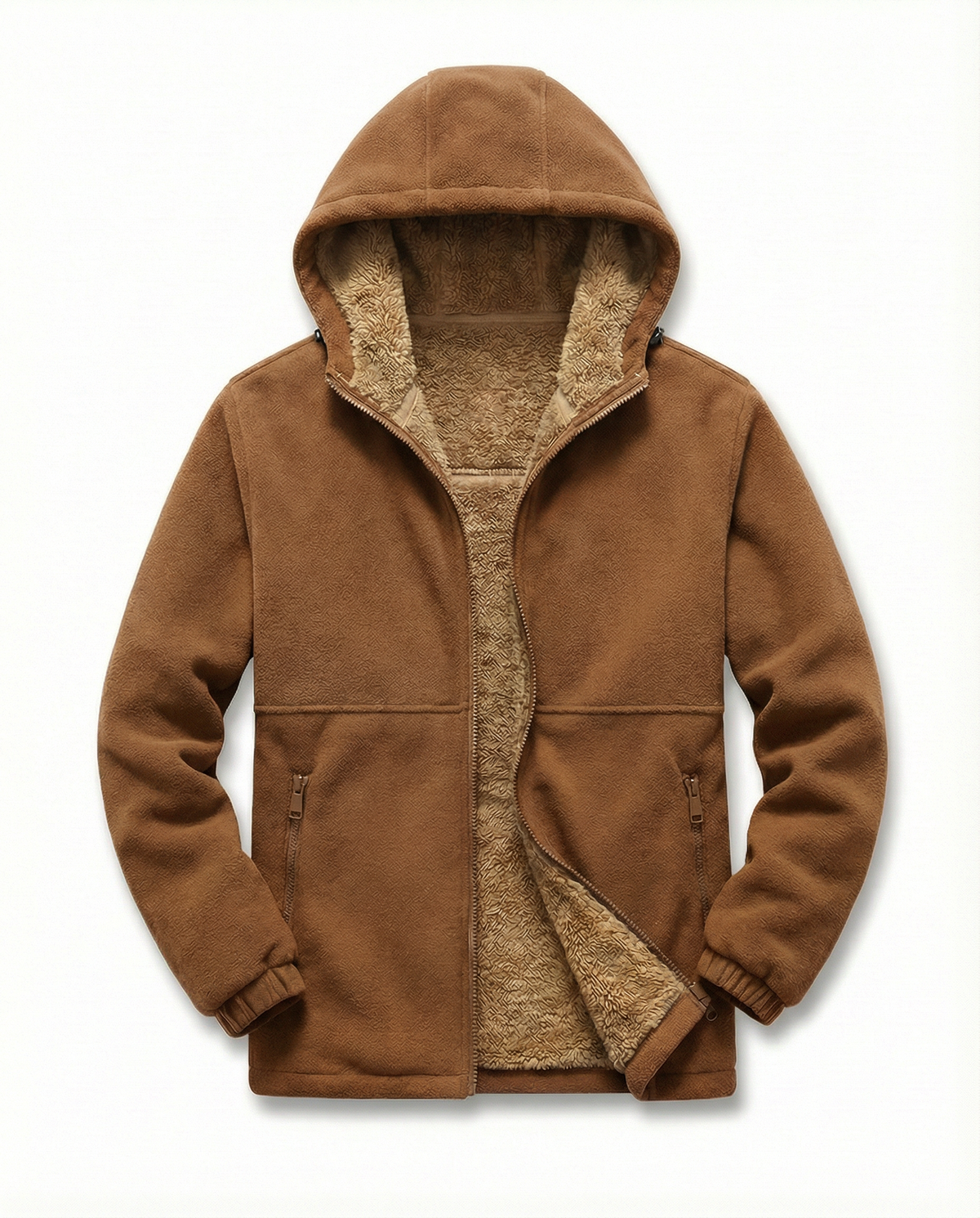 Flat-lay of the open khaki hoodie showing the sherpa lining and pockets