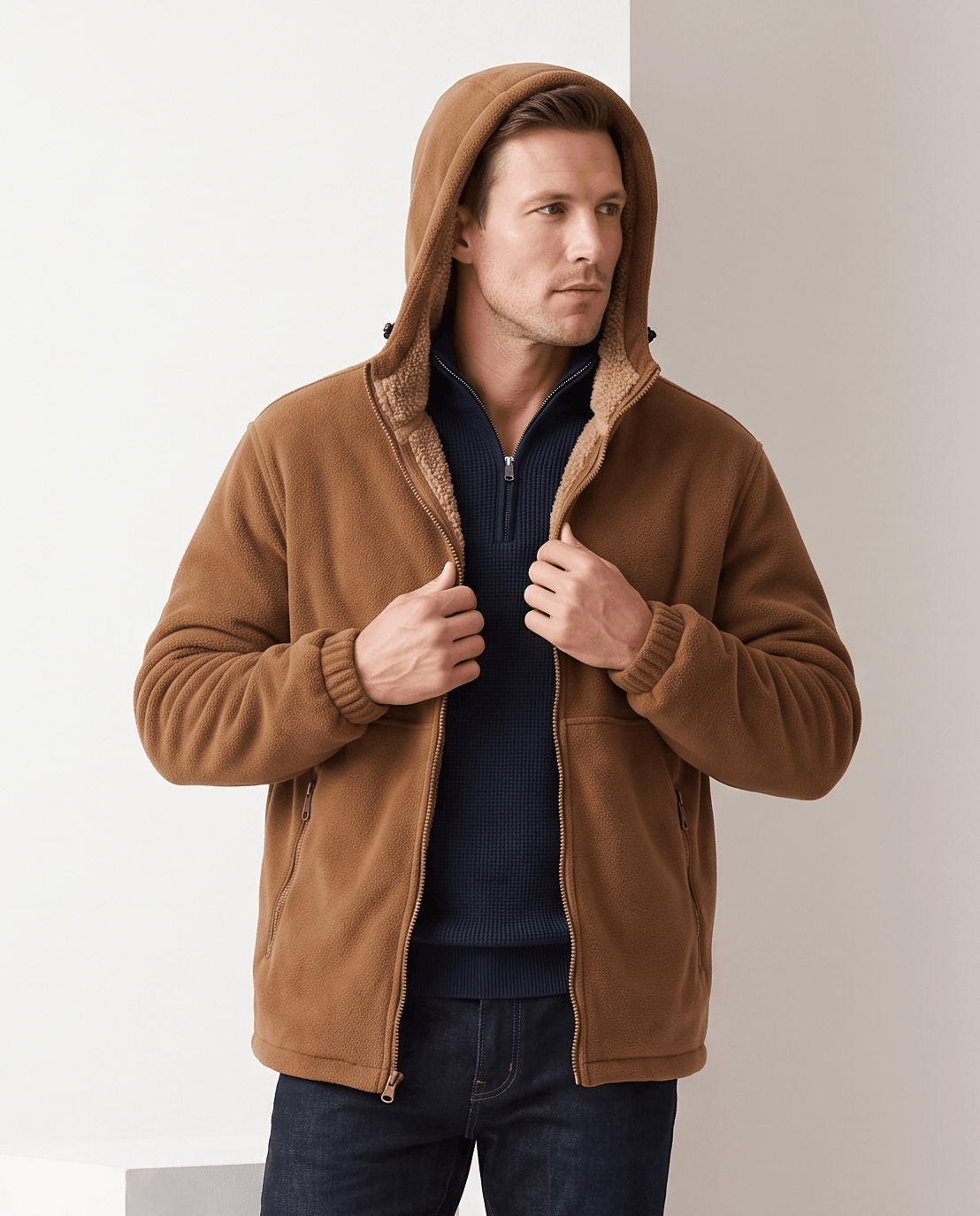 Khaki hoodie with the hood up worn over a navy shirt and jeans