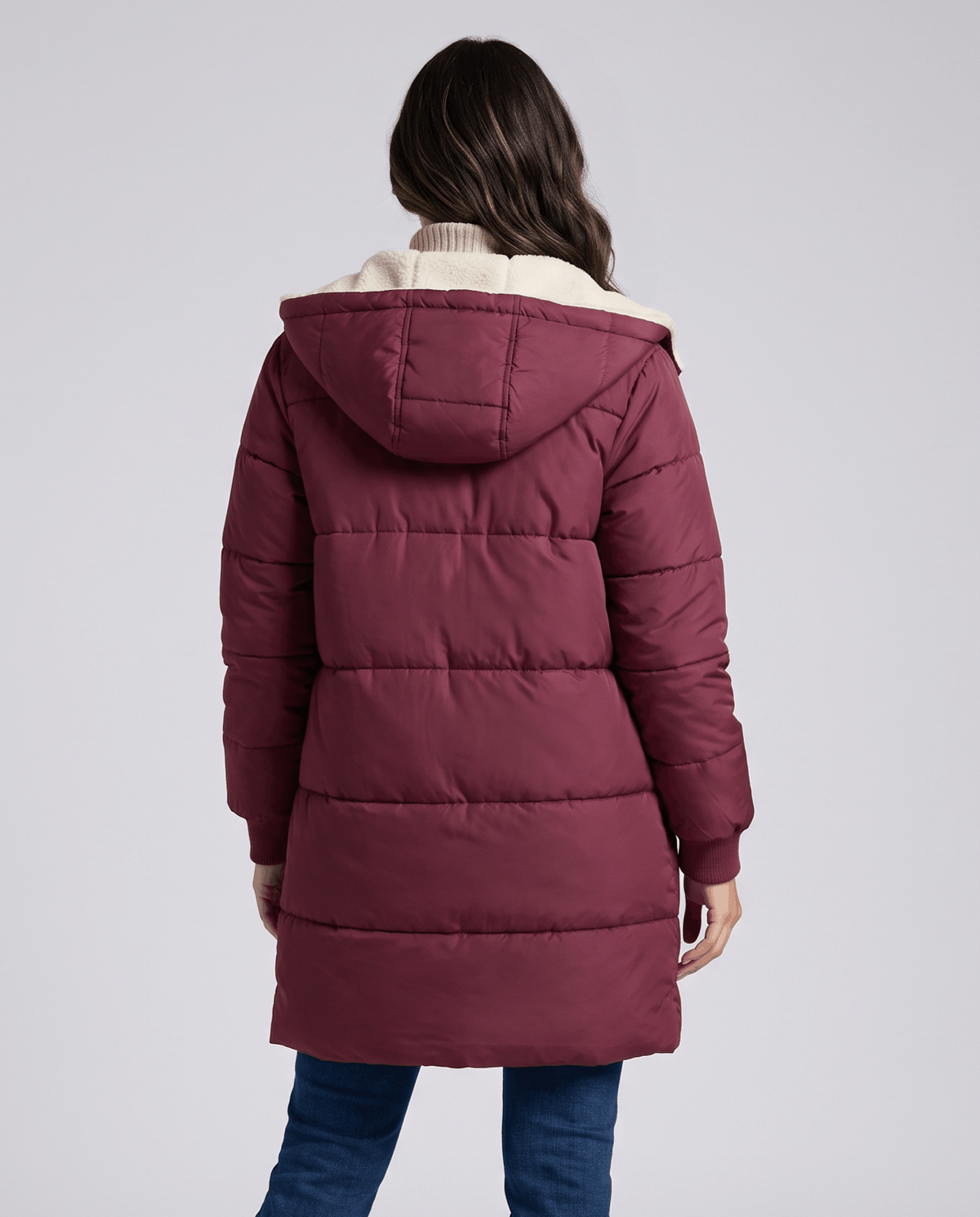 Back view of wine red coat with sherpa-lined hood down