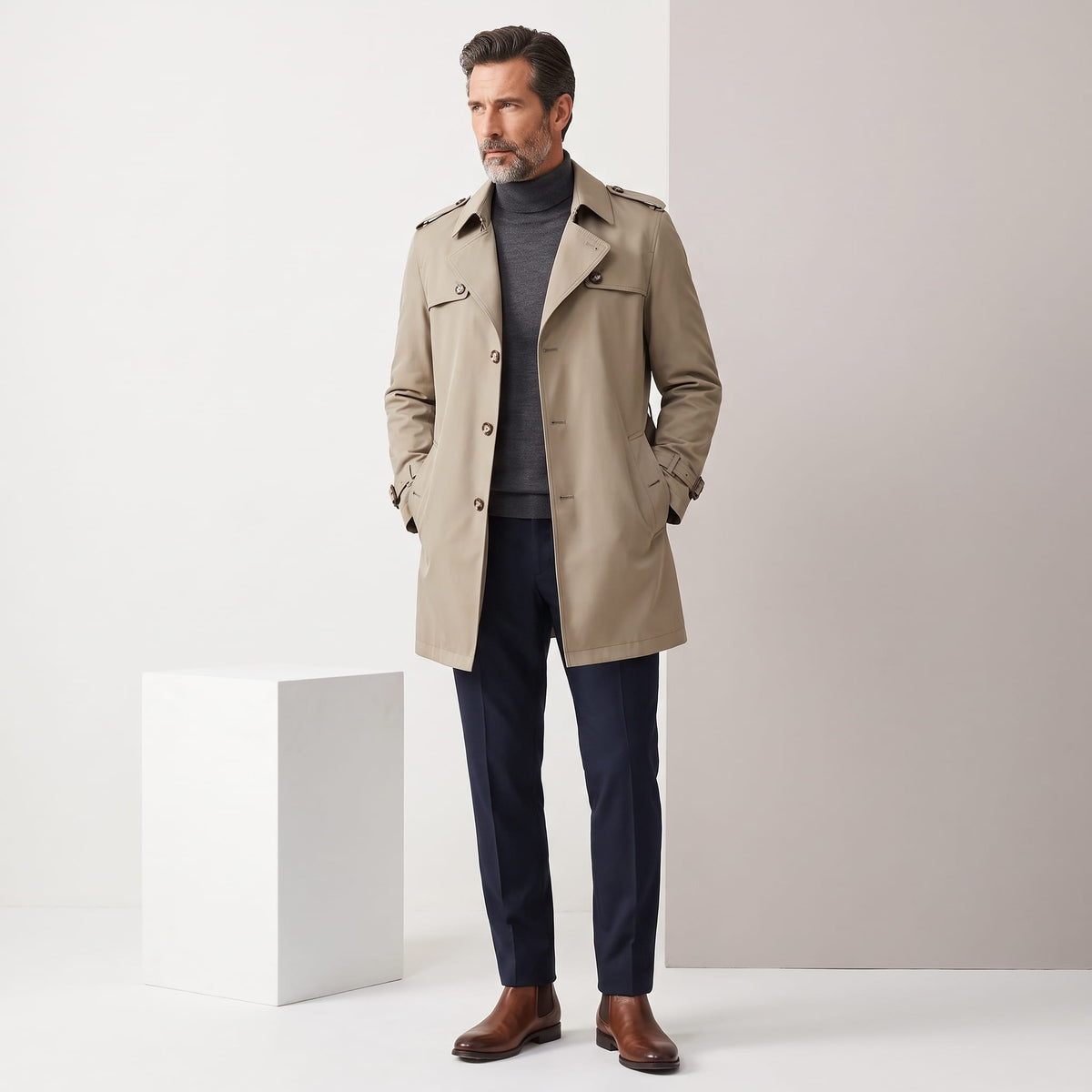 Full-length beige trench coat styled with navy trousers and brown shoes, studio backdrop