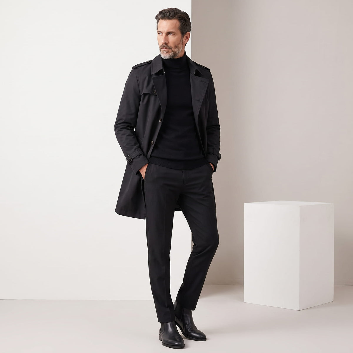 Full-length black trench coat styled with black turtleneck and trousers, studio backdrop