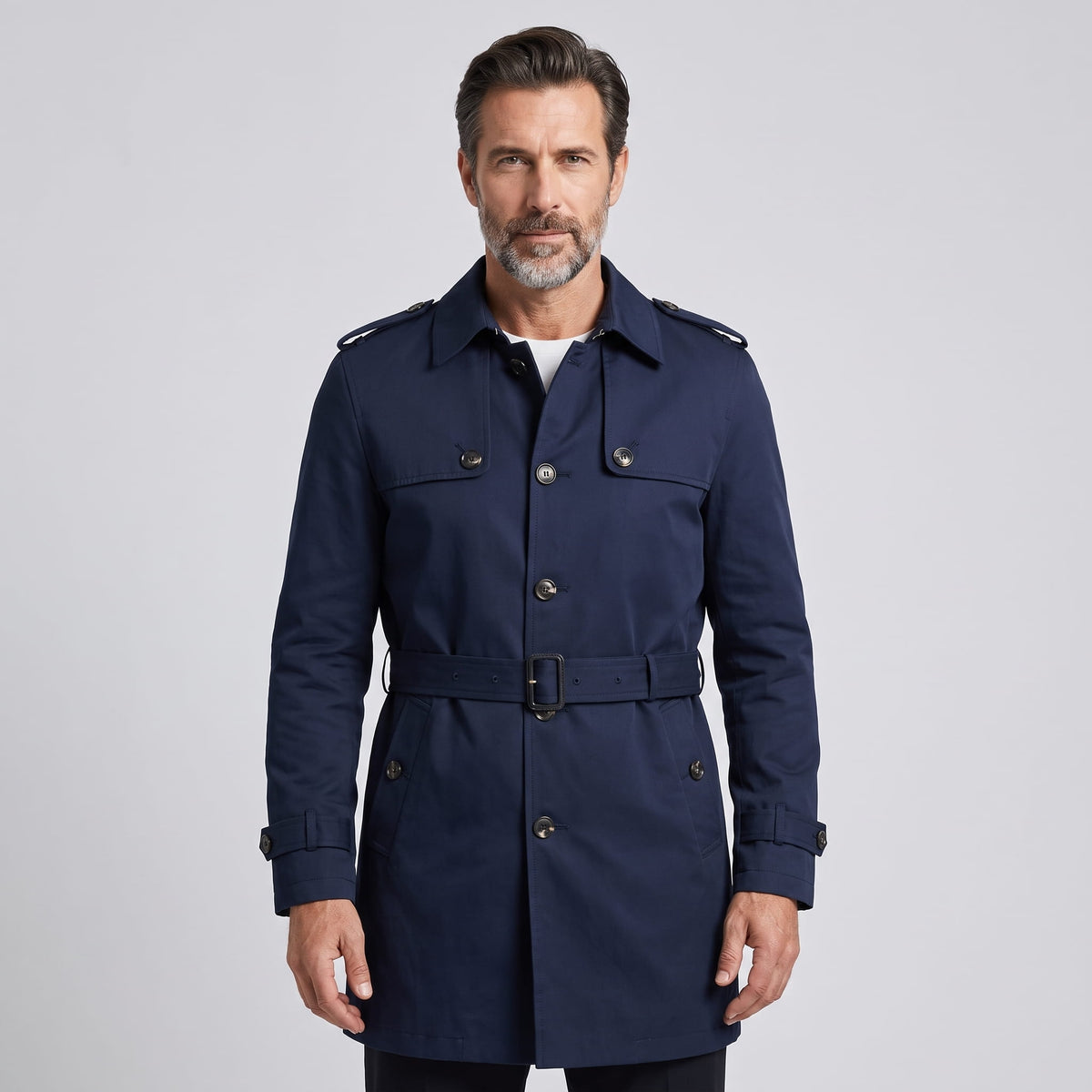 Model in navy trench coat with belted waist and epaulets, front view
