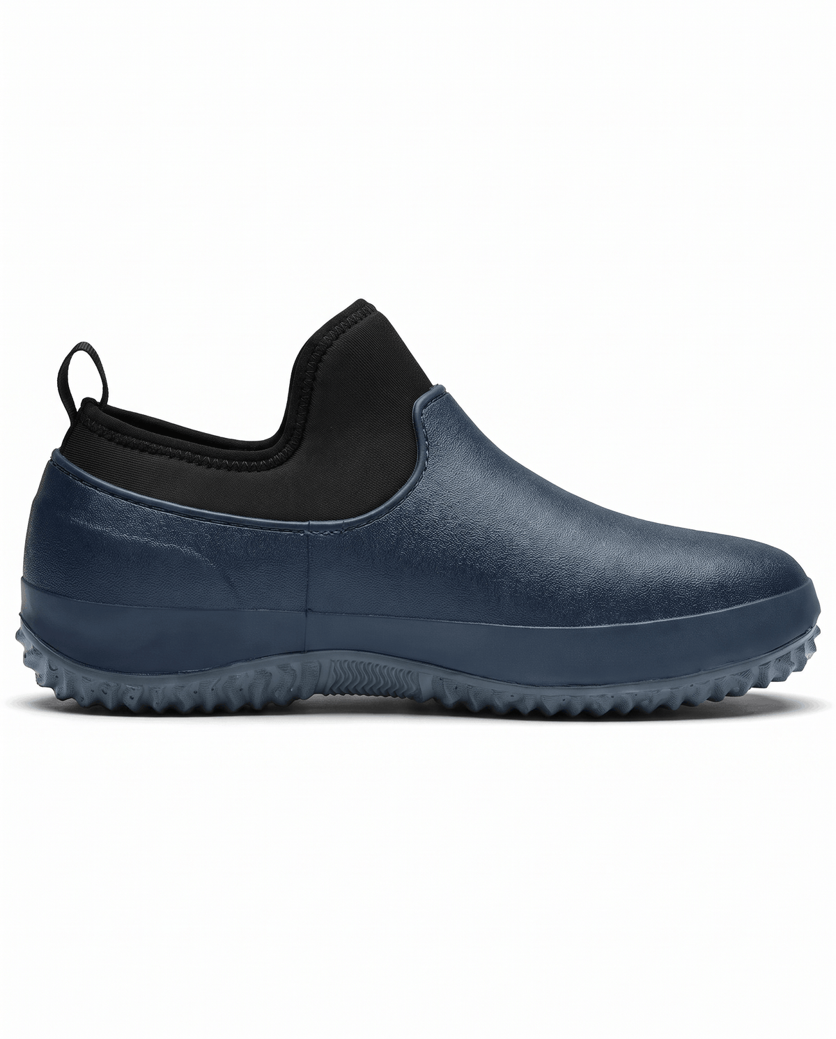Side view of a single navy blue shoe with black stretch collar and grey sole