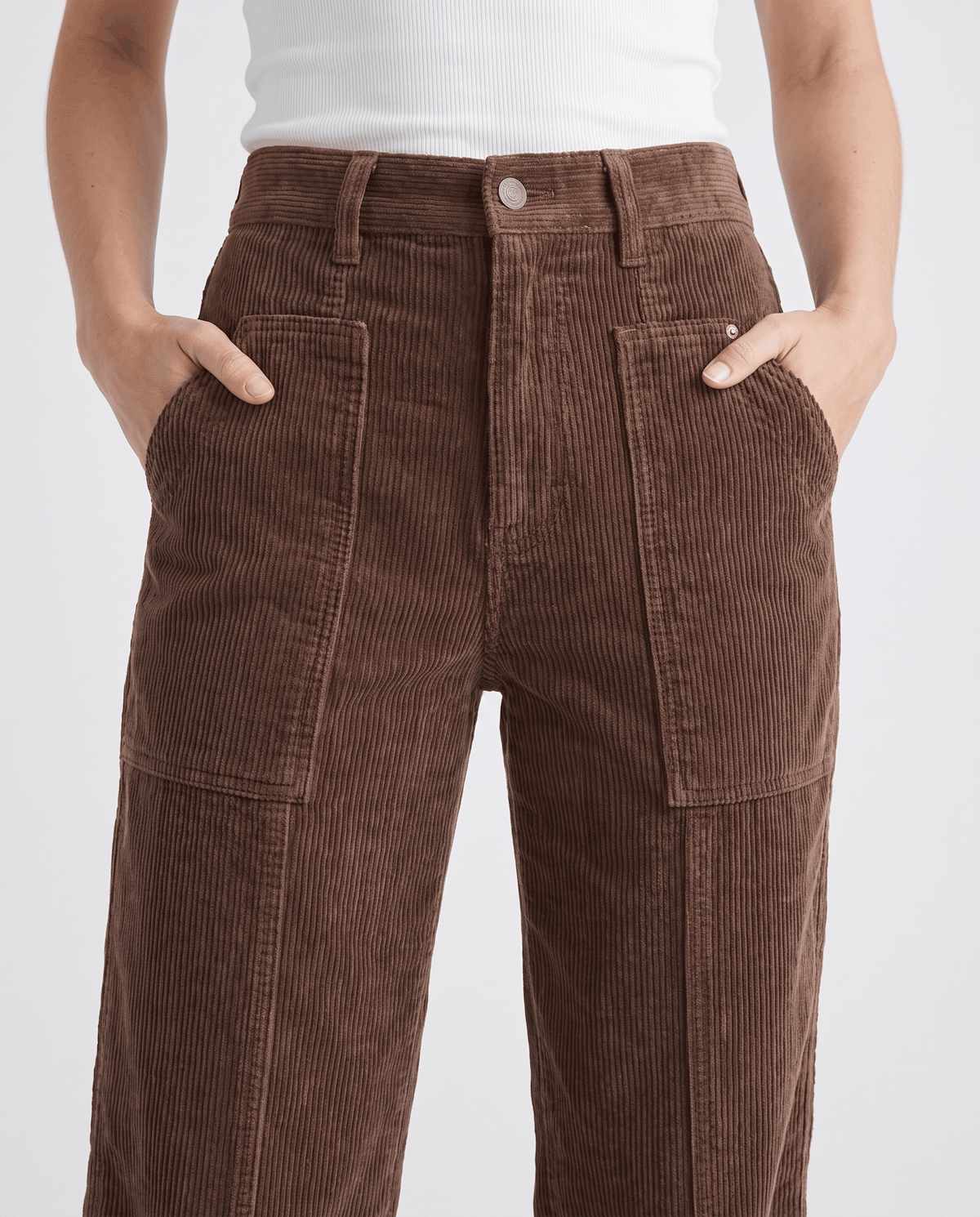 Close-up of the button waist and front patch pockets with hands in the slant pockets