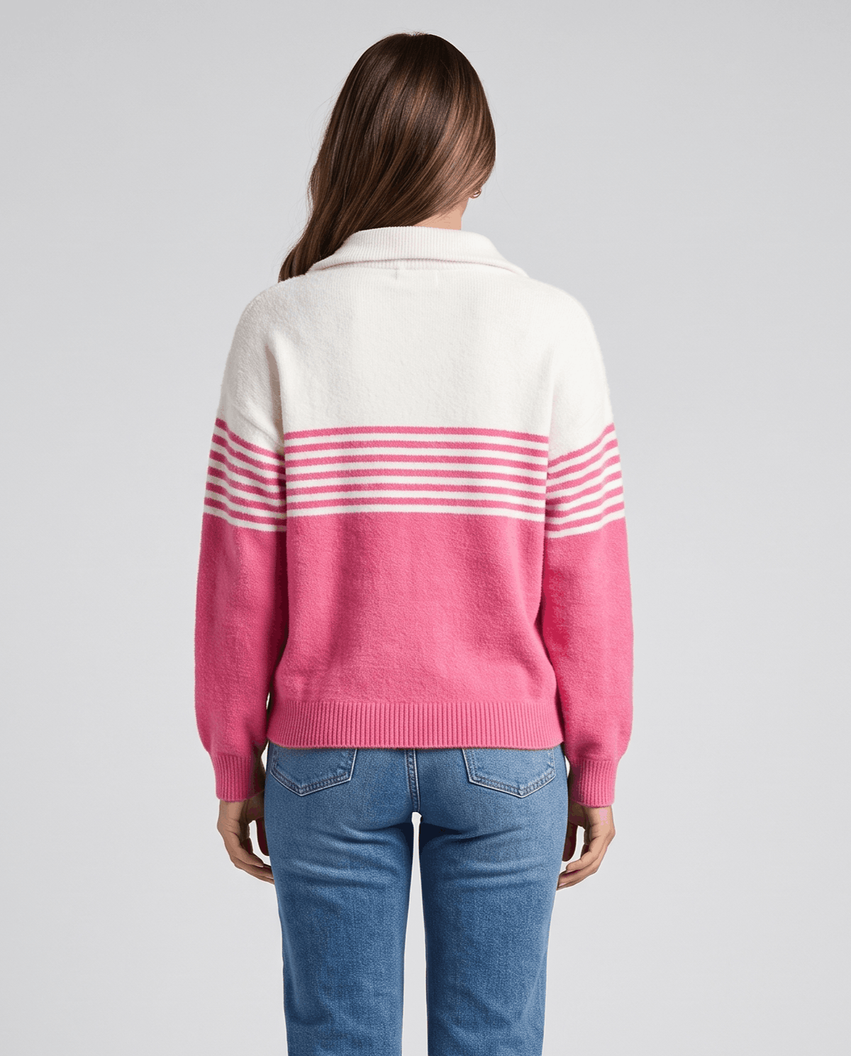 Back view of fuchsia and ivory pullover with stripes across the upper back