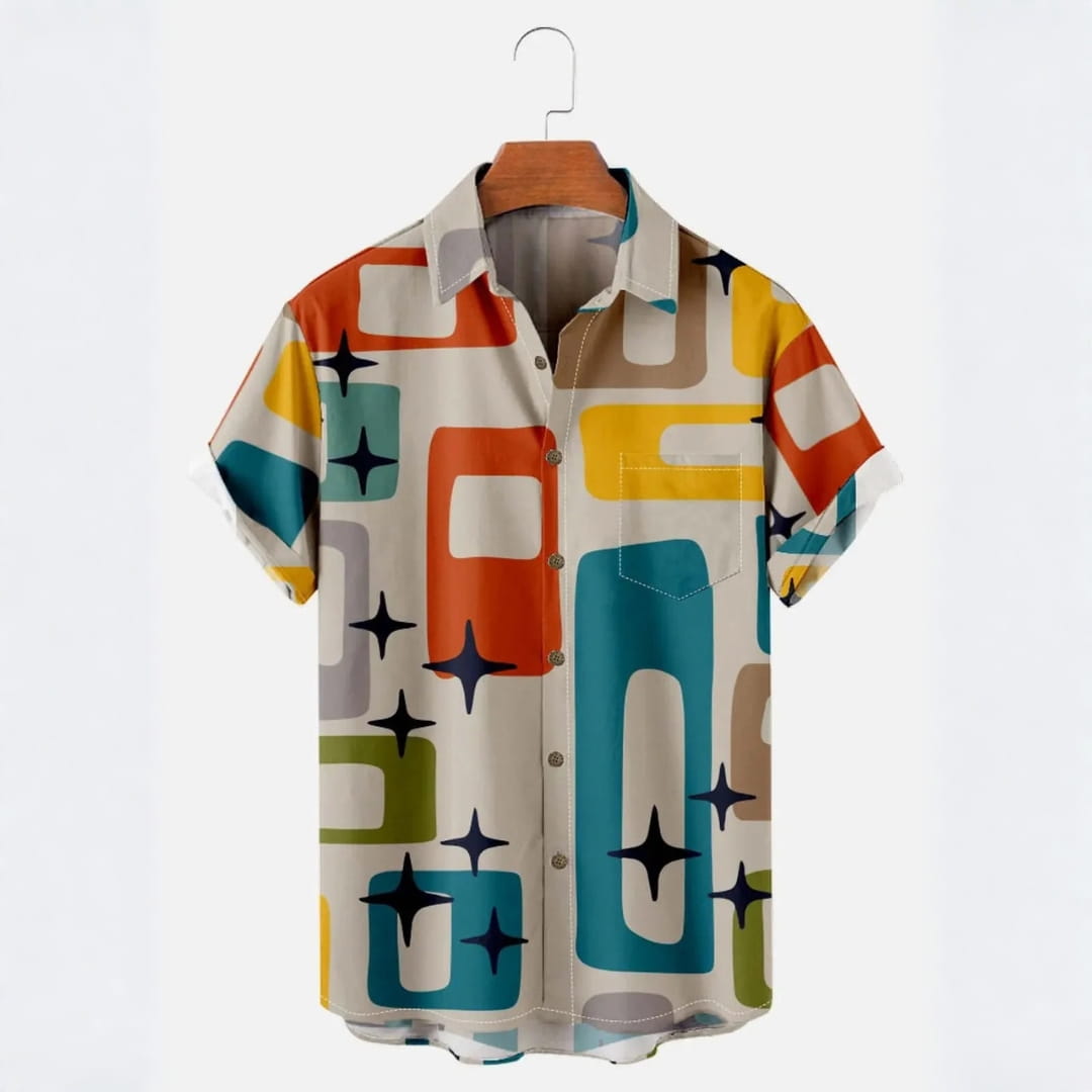 Atlas Retro Atomic Print Short Sleeve Shirt Lightweight Button Down Casual Top
