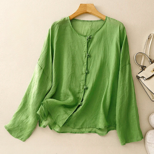 May Heritage Cotton Linen Blouse – Frog Button O-Neck Long Sleeve Relaxed Casual Top