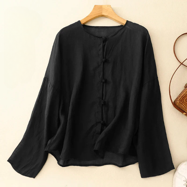 May Heritage Cotton Linen Blouse – Frog Button O-Neck Long Sleeve Relaxed Casual Top