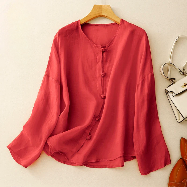 May Heritage Cotton Linen Blouse – Frog Button O-Neck Long Sleeve Relaxed Casual Top