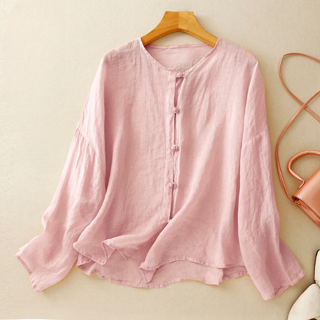 May Heritage Cotton Linen Blouse – Frog Button O-Neck Long Sleeve Relaxed Casual Top