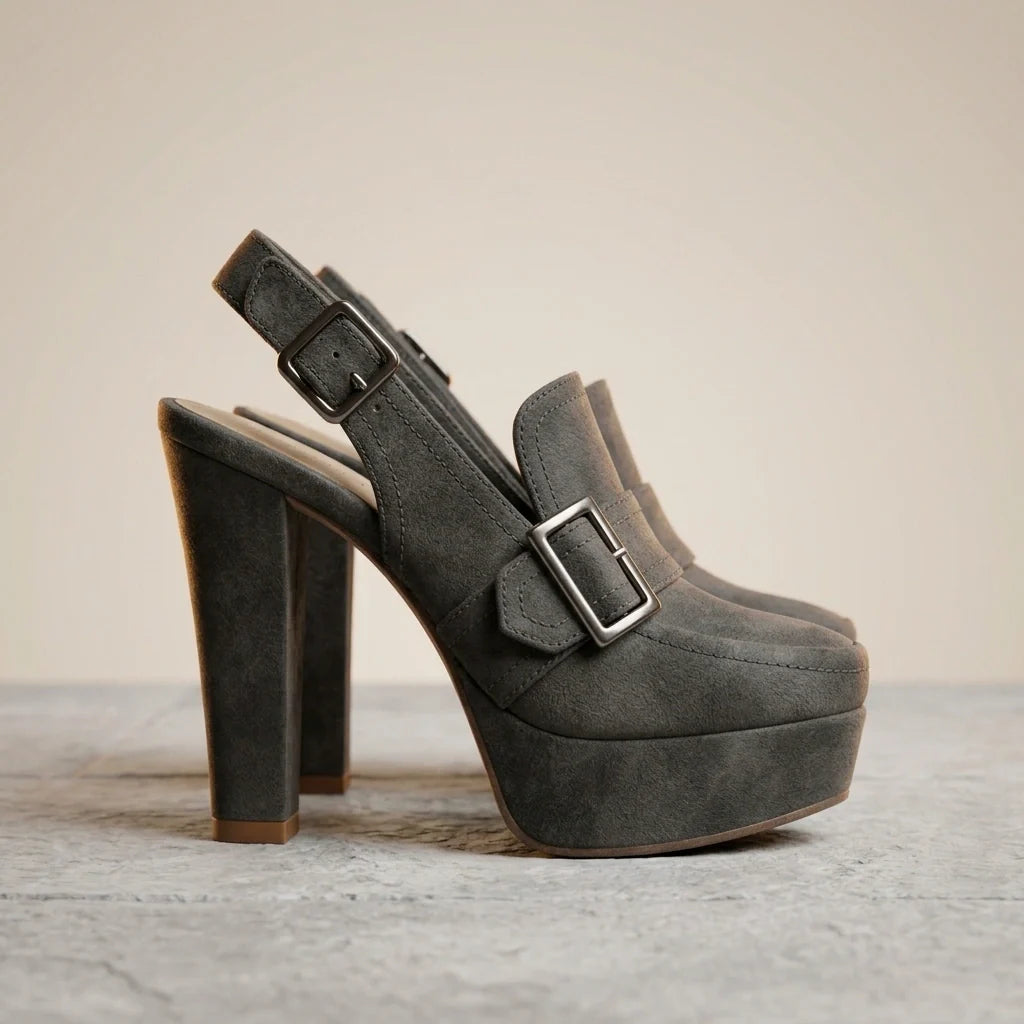 Valentina Suede Slingback Block Heels – Platform Buckle Statement Sandals