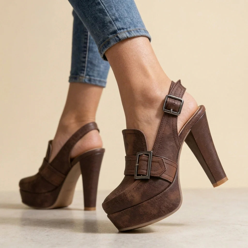 Valentina Suede Slingback Block Heels – Platform Buckle Statement Sandals
