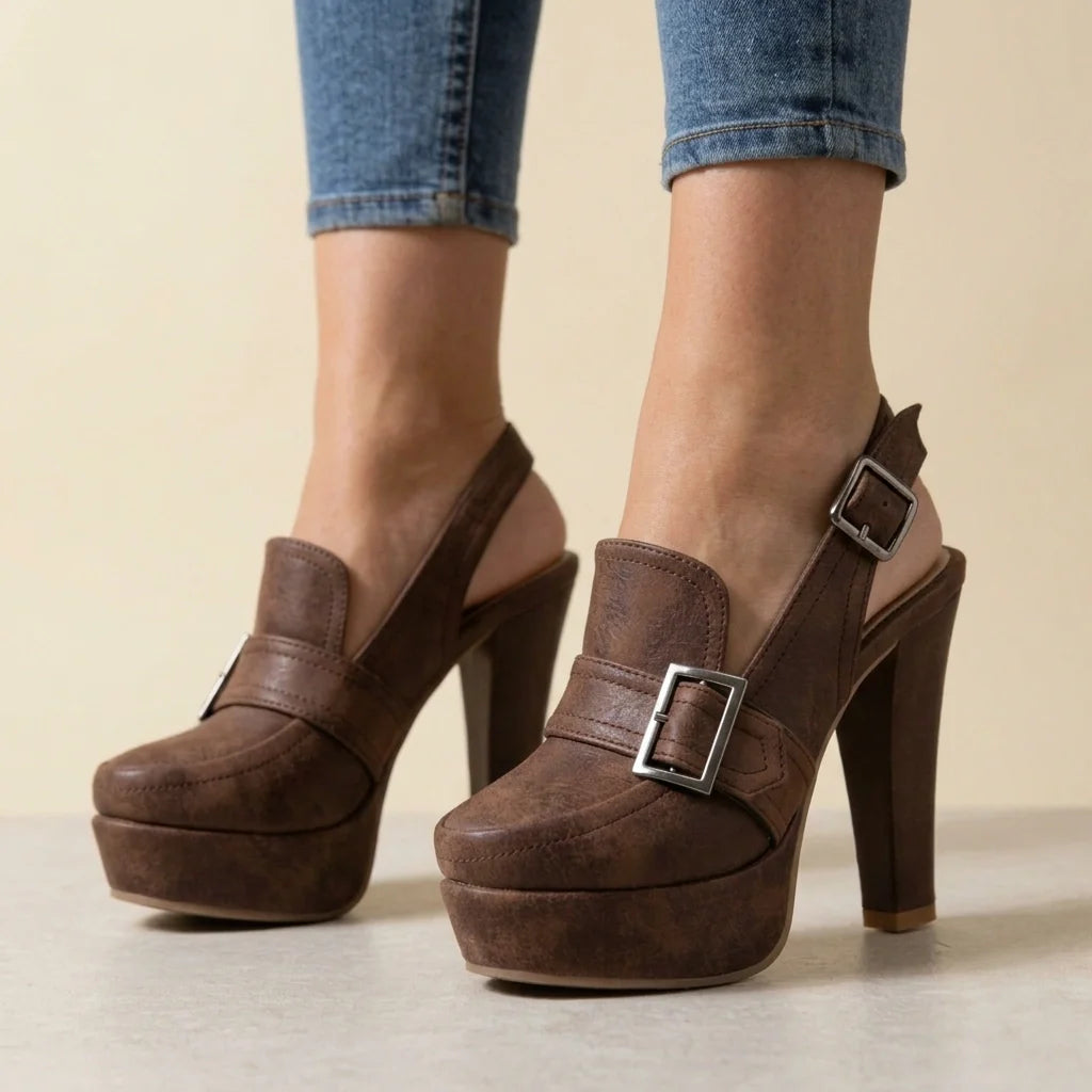 Valentina Suede Slingback Block Heels – Platform Buckle Statement Sandals