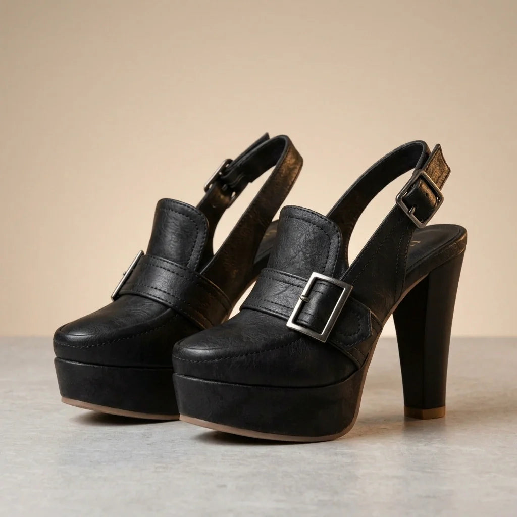 Valentina Suede Slingback Block Heels – Platform Buckle Statement Sandals