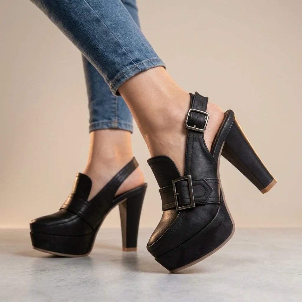 Valentina Suede Slingback Block Heels – Platform Buckle Statement Sandals