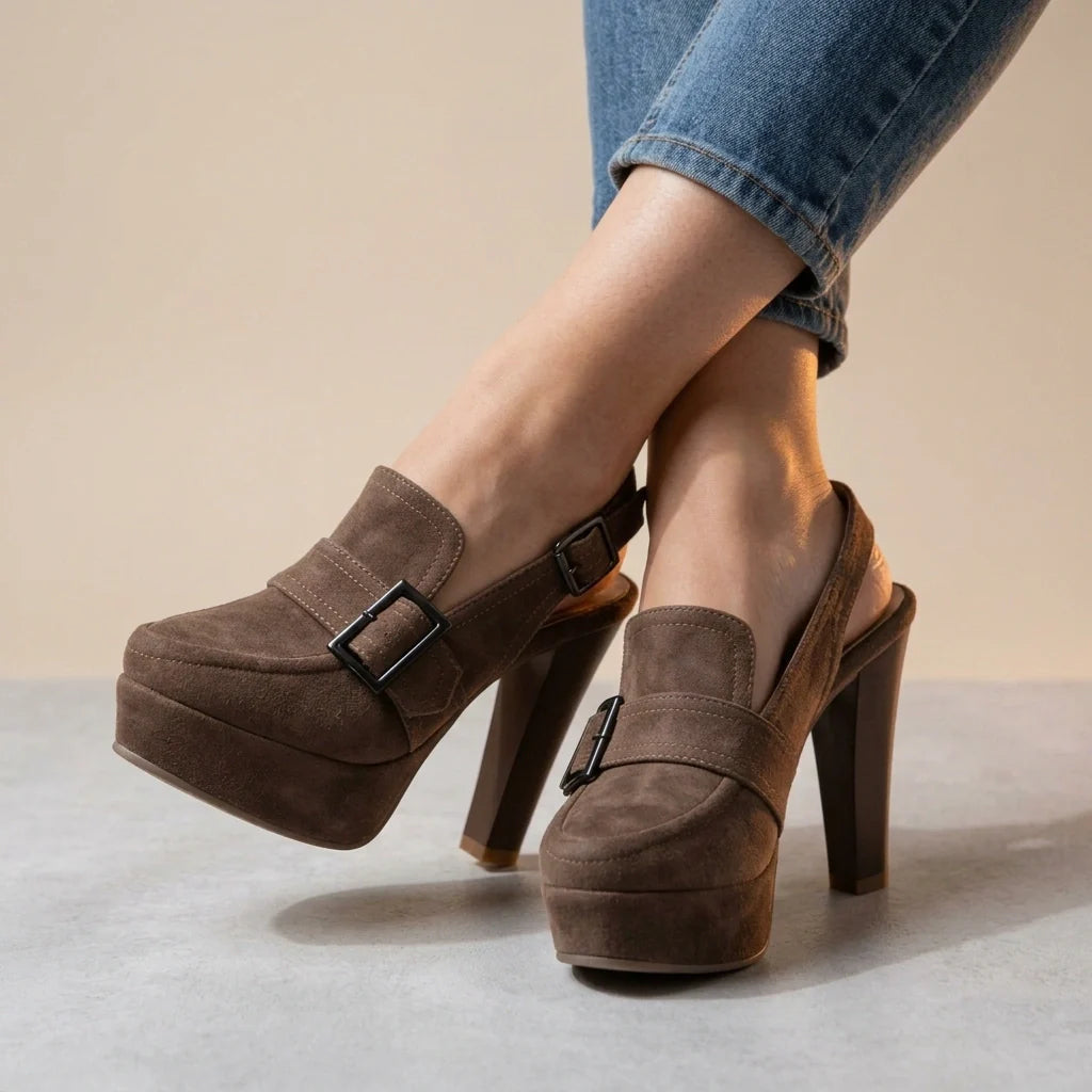 Valentina Suede Slingback Block Heels – Platform Buckle Statement Sandals