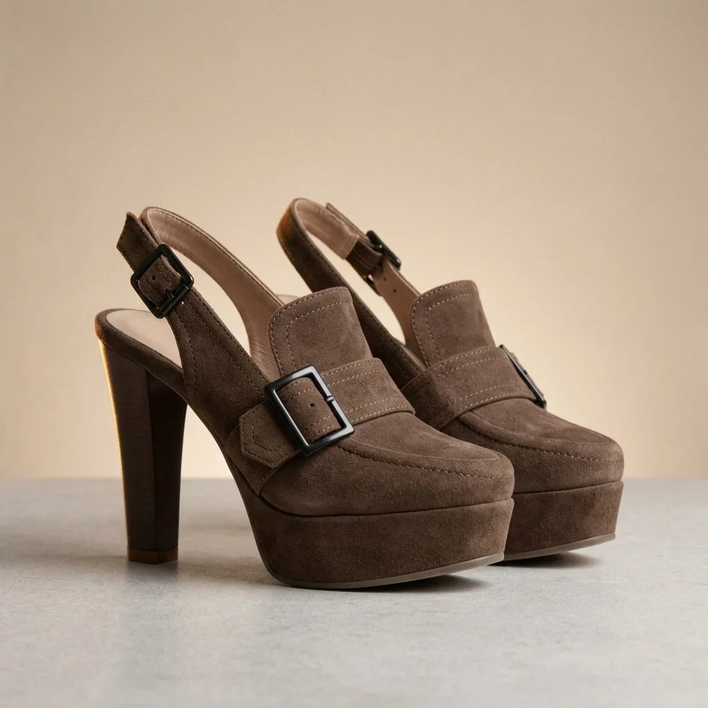 Valentina Suede Slingback Block Heels – Platform Buckle Statement Sandals