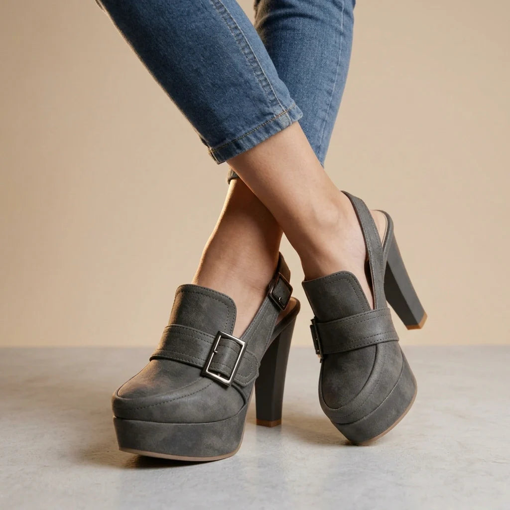 Valentina Suede Slingback Block Heels – Platform Buckle Statement Sandals