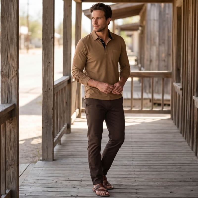Lorenzo Cotton Blend Long Sleeve Polo Shirt – Classic Fit Chest Pocket Casual Top