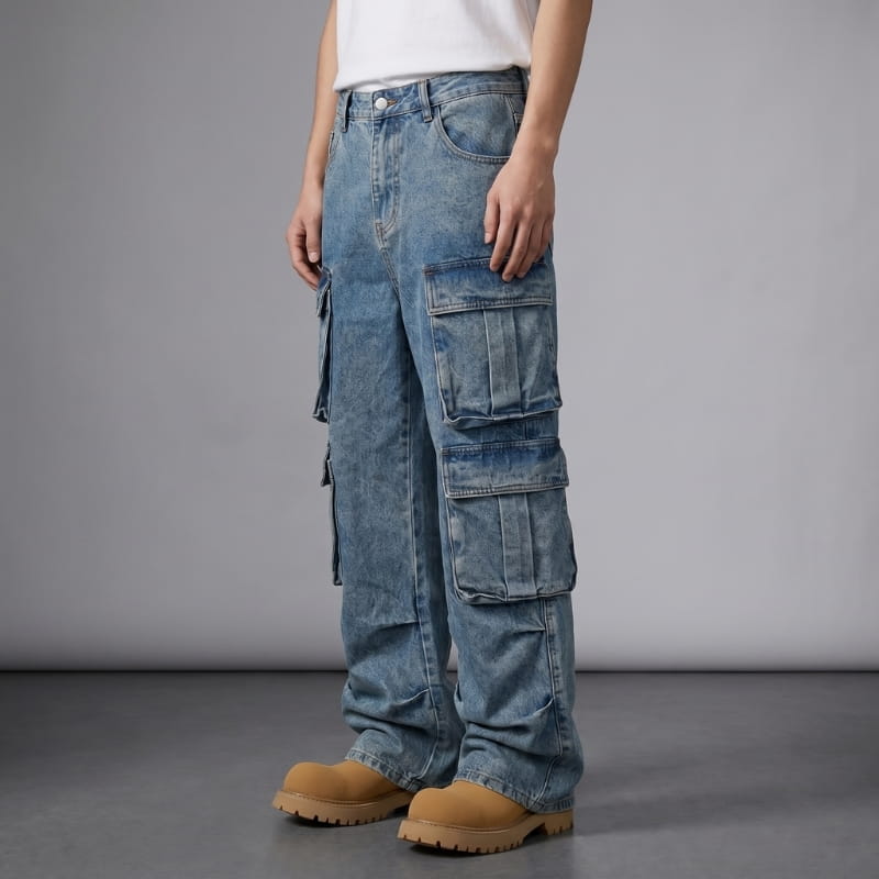 Rocco Washed Cotton Cargo Jeans – Multi-Pocket Relaxed Streetwear Fit
