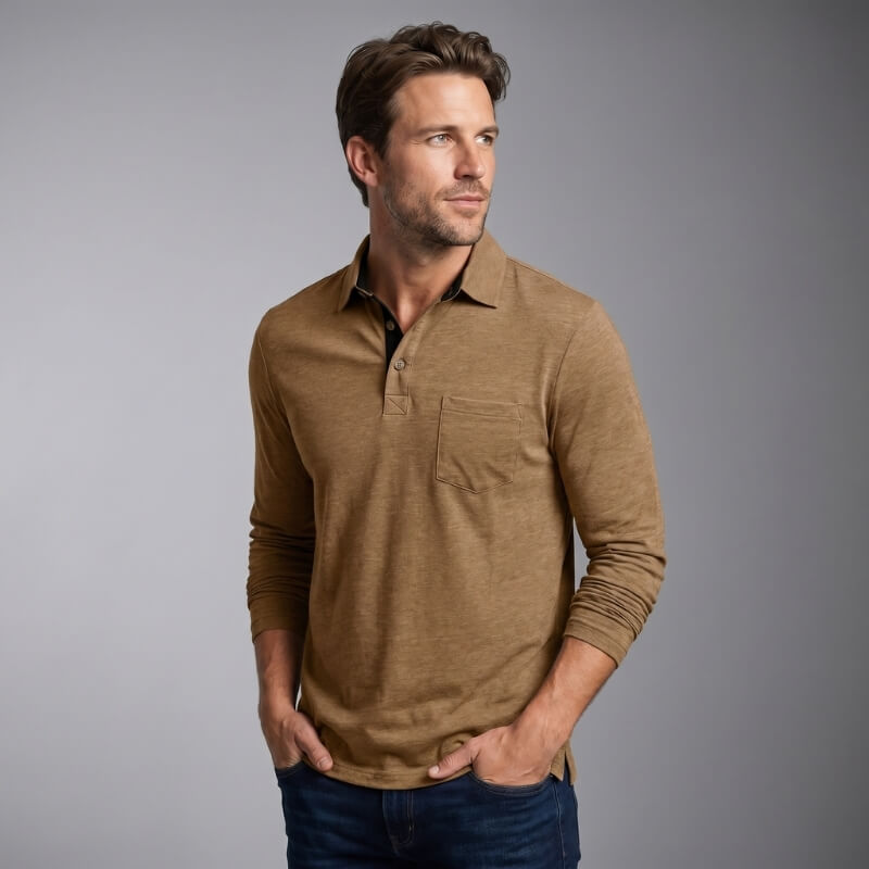 Lorenzo Cotton Blend Long Sleeve Polo Shirt – Classic Fit Chest Pocket Casual Top