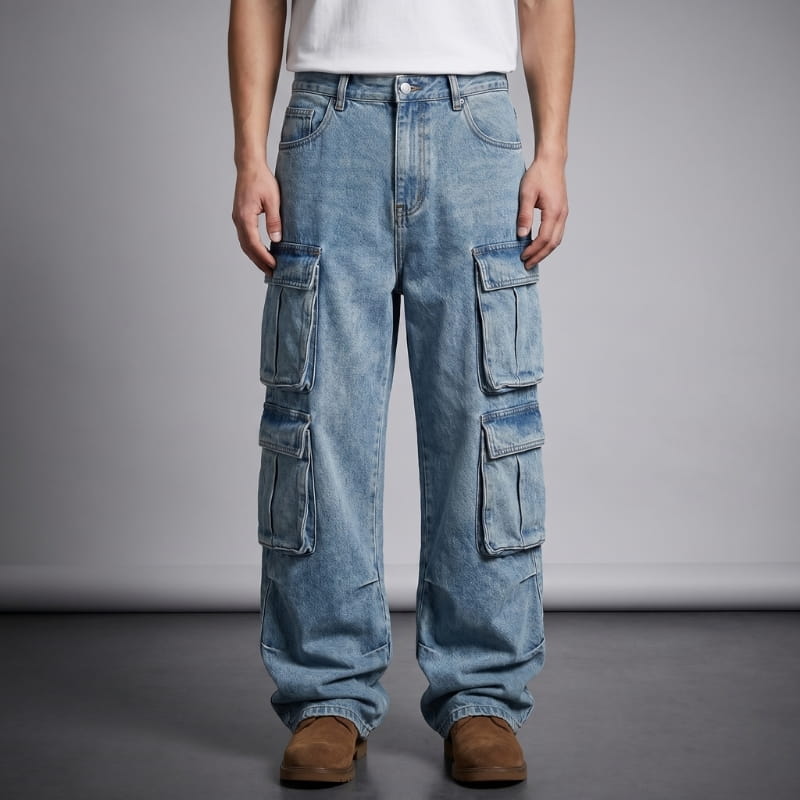 Rocco Washed Cotton Cargo Jeans – Multi-Pocket Relaxed Streetwear Fit