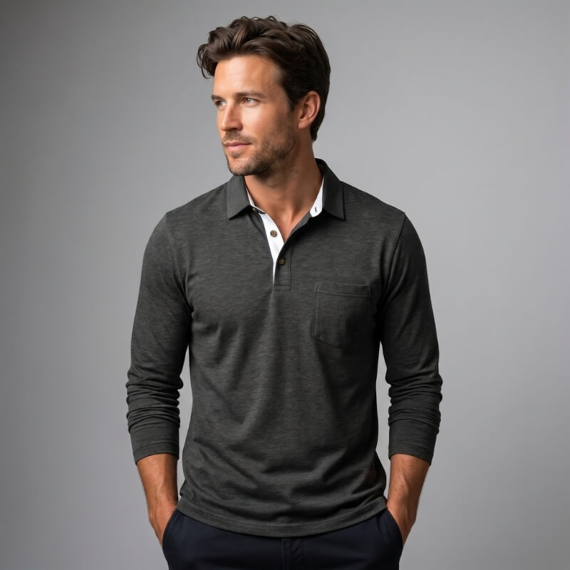 Lorenzo Cotton Blend Long Sleeve Polo Shirt – Classic Fit Chest Pocket Casual Top