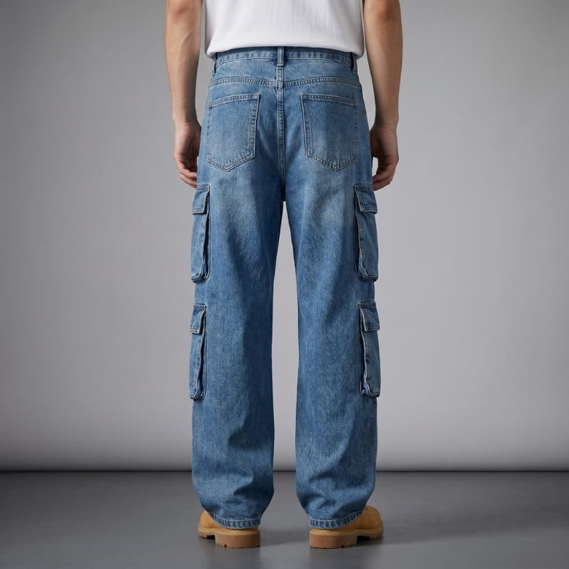 Rocco Washed Cotton Cargo Jeans – Multi-Pocket Relaxed Streetwear Fit
