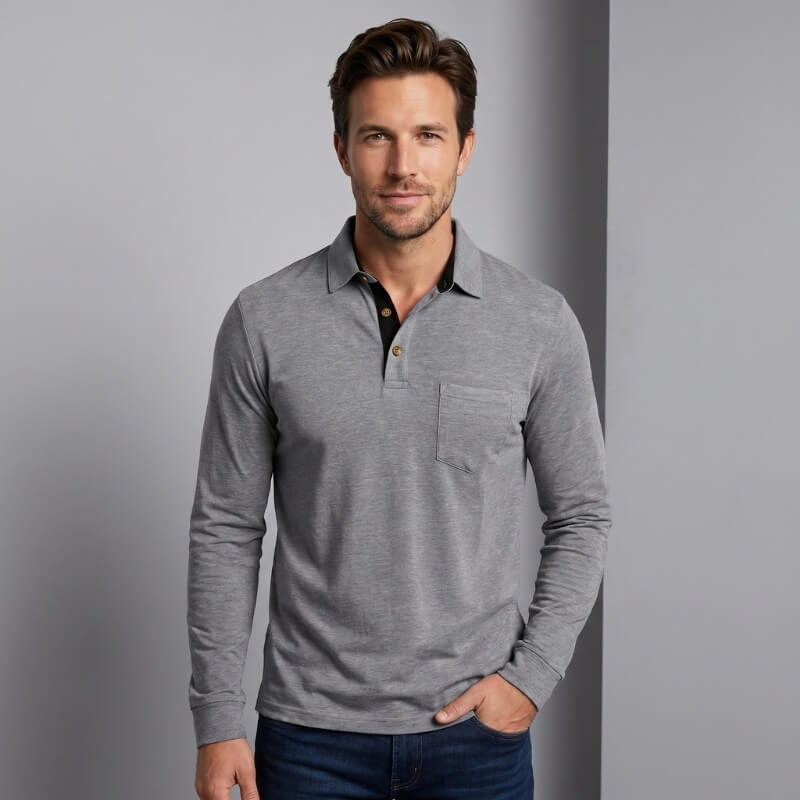 Lorenzo Cotton Blend Long Sleeve Polo Shirt – Classic Fit Chest Pocket Casual Top