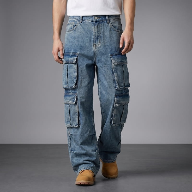 Rocco Washed Cotton Cargo Jeans – Multi-Pocket Relaxed Streetwear Fit