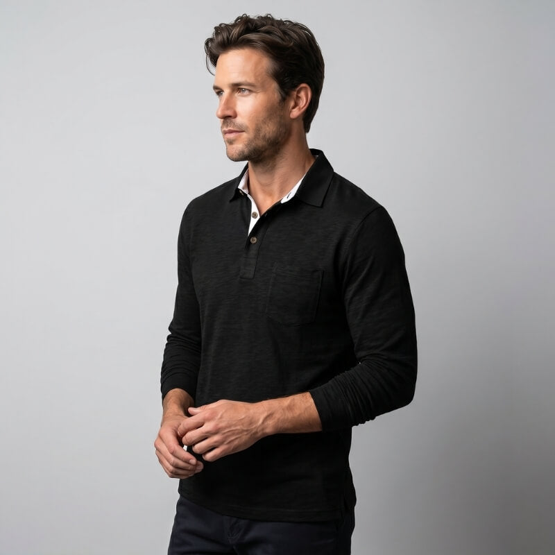 Lorenzo Cotton Blend Long Sleeve Polo Shirt – Classic Fit Chest Pocket Casual Top