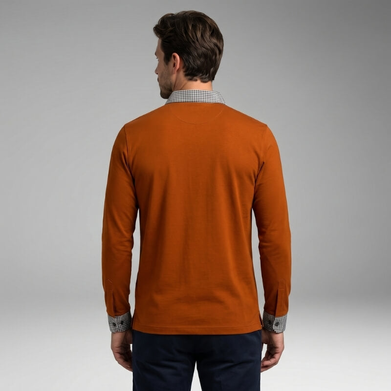 Jason Cotton Blend Long Sleeve Polo Shirt – Plaid Patchwork Buttoned Collar Top