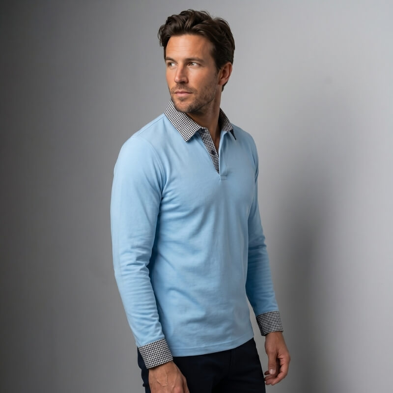 Jason Cotton Blend Long Sleeve Polo Shirt – Plaid Patchwork Buttoned Collar Top